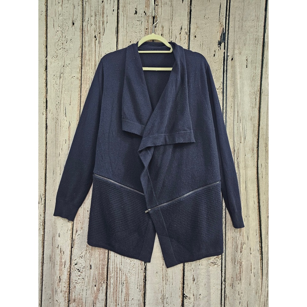 Magaschoni Cashmere Cardigan Womens L Navy Drape Front Zipper Trim Moto Sweater